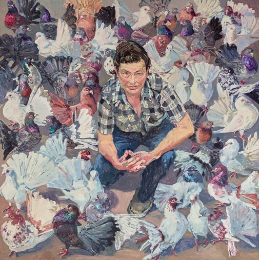 'Lucy and fans' - oil on canvas, 170.5 x 170cm